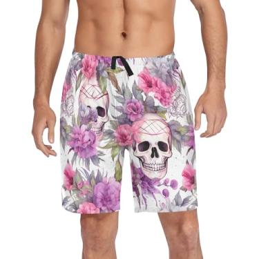 Imagem de CHIFIGNO Calça de pijama para homens, pijama curto de treino com bolsos e cordão, Crânios rosa e roxos com flores, XXG