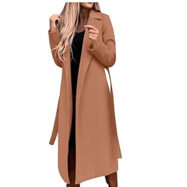 Imagem de BFAFEN Casaco feminino trench coat comprimento médio lapela entalhada casaco de manga comprida com cinto jaqueta elegante de inverno, Caqui, M