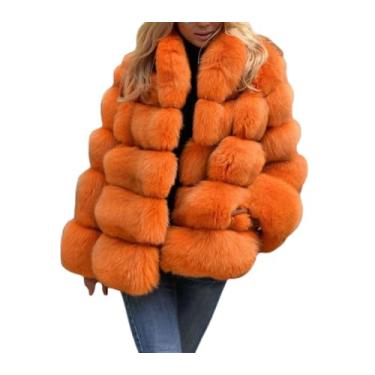 Imagem de Ruixinxue Casaco curto feminino de pele sintética, gola alta, jaqueta de pelúcia, quente, grosso, casaco de inverno, Laranja, G