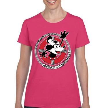 Imagem de Camiseta Steamboat Willie Life Preserver divertida clássica desenho animado praia Vibe Mouse in a Lifebuoy Silly Retro Camiseta feminina, Rosa choque, GG