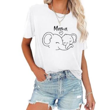 Imagem de AEJENNIO Camiseta Mama para Mulheres Dia das Mães Camisetas Mamãe e Bebê Elefante Camisetas de Manga Curta Mamãe Mãe, Elefante branco, M