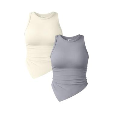 Imagem de OQQ Camiseta regata feminina de 2 peças franzida gola redonda sem mangas básicas elásticas, Cinza, bege, P