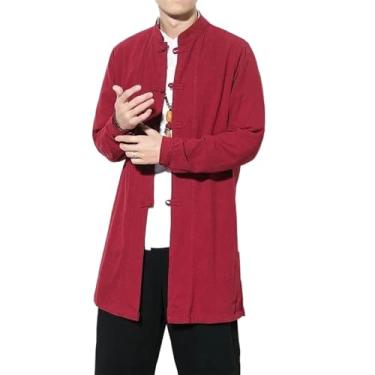 Imagem de WOLONG Chinese Clothing Casaco masculino fino de algodão casaco médio longo Hanbok roupão longo chinês corta-vento, Vermelho, M