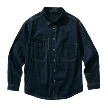 Imagem de Camisa jeans masculina, manga comprida, cor sólida, ombro caído, gola aberta, bolsos laterais, Azul-escuro, M