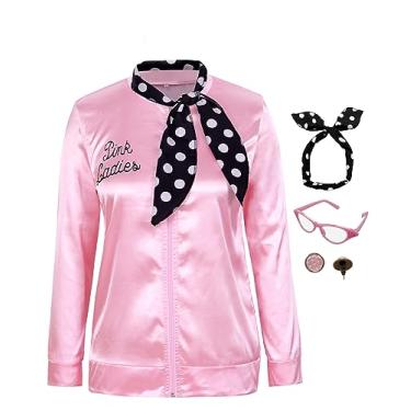 Imagem de Edinoy 1950s Pink Satin Jacket with Scarf Earrings Cat Eye Glasses Halloween Women's Cosplay Costume (Pink-Medium)