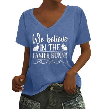 Imagem de Camiseta feminina de manga curta Happy Easter Day, suéter fofo de coelho, gola redonda, camisa moderna para mulheres 2024, Azul, P