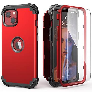 Imagem de IDweel Capa para iPhone 15 com protetor de tela de vidro temperado, 3 em 1, à prova de choque, fina, híbrida, resistente, capa de policarbonato rígido, de silicone macio, resistente, amortecedor, capa inteira, vermelha