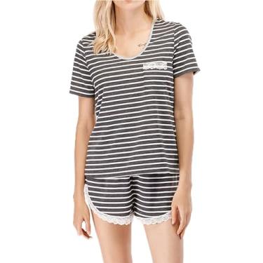 Imagem de Pijama para Mulheres Listrado Short Sleeve Top com Shorts Pijama Sets Scoop Neck Lace Trim Sleepwear,Floral grey,S