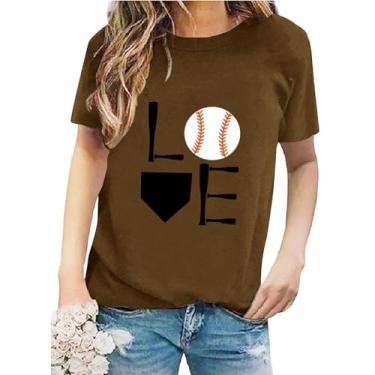 Imagem de Camisetas femininas de verão com estampa de beisebol, caimento solto, manga curta, gola redonda, camiseta casual de beisebol, Café, M