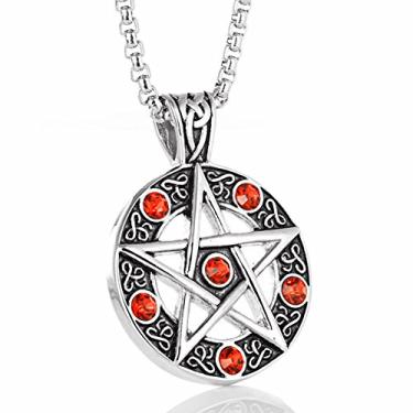 Imagem de Blowin Colar pentagrama poderoso de aço inoxidável, pingente de selo tradicional Wicca de Salomão, corrente de meio-fio de 69 cm (estilo vermelho)