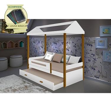 Imagem de Beliche Montessoriana Design Infantil Sara Solteiro - Branco/Amêndoa Incluso Lousa Mágica