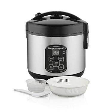Imagem de Hamilton Beach Panela de arroz digital programável e vaporizador para alimentos, 8 xícaras cozidas (4 não cozidas), com cesta de vapor e enxaguamento, aço inoxidável (37518)