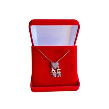 Imagem de Colar Cordão Pingente Coração Casal FilhaFilho Folheada a Ouro 18k - C