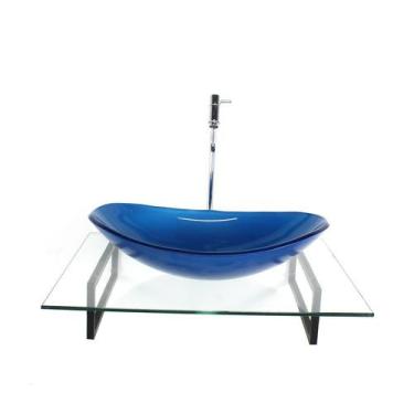 Imagem de Kit cuba de vidro oval azul escuro com tampo 60cm incolor e suporte pr