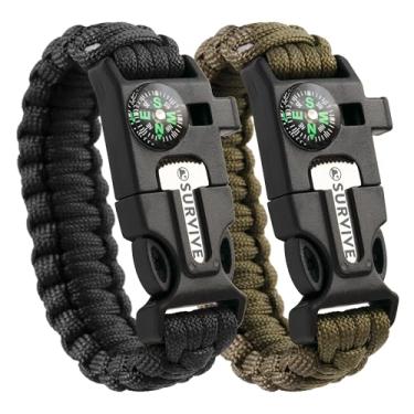 Imagem de SURVIVE Pulseira Paracord, pacote com 2, kit de sobrevivência de emergência, apito de bússola para iniciante, 2,5 m, raspador de aço de pederneira contínua 5 em 1