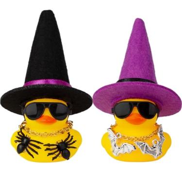 Imagem de MuMyer Patos de Halloween para carro, 2 pacotes de enfeites de carro de pato de borracha Pato Amarelo Decorações de painel de carro com mini chapéu de bruxa óculos de sol colar acessórios de Halloween para presentes temáticos de Halloween (WW3)