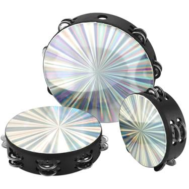 Imagem de QWORK Conjunto de 3 pandeiros de madeira para igreja para adultos - tamanhos de 15,2 cm, 20,3 cm, 25,4 cm, moldura de madeira de bétula com jingles de metal de fileira dupla - instrumento musical de