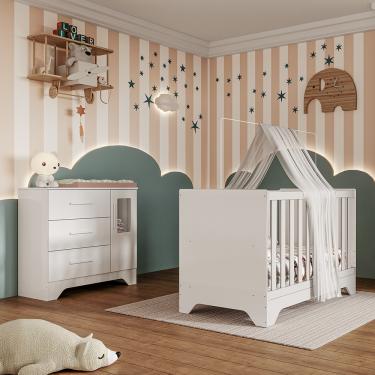 Imagem de Quarto de Bebê Cômoda com Janela e Berço 3 em 1 100 MDF Popy Móveis Peroba - Branco Brilho
