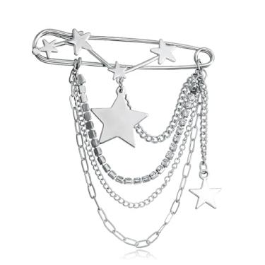 Imagem de Broche punk de corrente longa, alfinete de segurança moderno retrô para pendurar correntes de colarinho broches para mulheres, broche de casaco de colarinho legal para alfinetes de corsage masculinos,