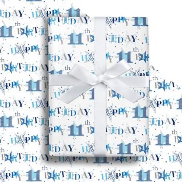 Imagem de LeZakaa Rolo de papel de embrulho de 11º aniversário - azul feliz aniversário de 11 anos com coração embrulhado para presente para adolescentes de 11 anos, crianças, meninos - Mini rolo - 43,2 x 16,4