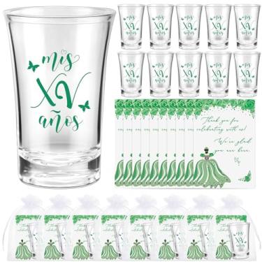 Imagem de Havawish Lembranças de festa de quinze anos para convidados Quinceanera Copos de tiro de acrílico transparente cartões de agradecimento com sacos de organza Mis Quince Anos Sweet 15 lembrancinhas de