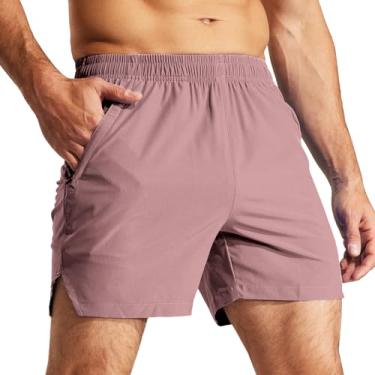 Imagem de Shorts esportivos masculinos de 5 polegadas com bolsos com zíper, shorts de corrida para treino de academia Dry Fit, cintura elástica, rosa empoeirado, M