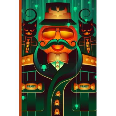 Imagem de Notebook: swag cool evil halloween pumpkin man with a big mostache backup black cats and surrounded by spiders with a cool design which gives spooky ... line interior of 120 pages and 6 by 9 inches