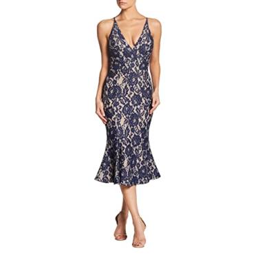 Imagem de Dress the Population Vestido midi feminino Isabelle com alças finas e alças finas, Azul marinho/renda nude, PP