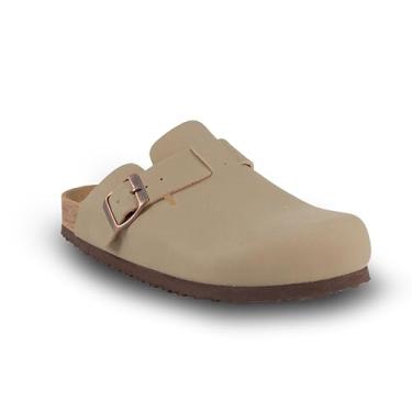 Imagem de EMMA NEW YORK Tamancos femininos de camurça sem cadarço com fivela deslizante de couro, sandálias de cortiça com suporte de arco, Cinzento-acastan, 36