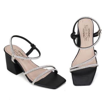 Imagem de Sandália Feminina Salto Bloco Preta com Brilho - Rizzicomercio, 35, Pr