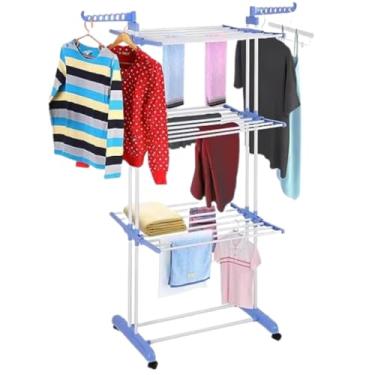 Imagem de Varal de Chão Dobrável 3 Andares Grande com Rodas Portátil Retrátil Compacto Suporte de Cabides Ganchos e Aço Reforçado Alta Capacidade 40kg Ideal para Roupas e Toalhas 0055