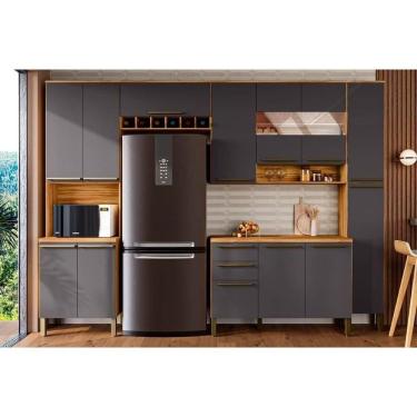 Imagem de Kit Cozinha Modulada 5 Peças Nápoli  2 Aéreos + 1 Balcão + 1 Paneleiro + 1 Torre Quente C5p97 Amendoa Grafite Ronipa