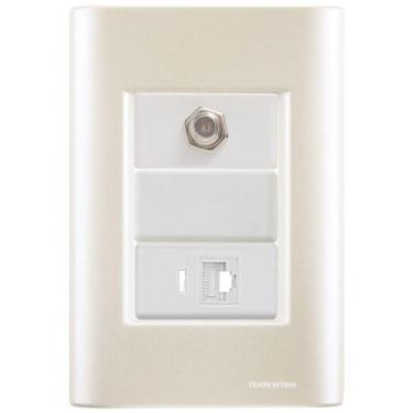 Imagem de Cj Tomadas Rj45 Ethernet + Tv Coaxial Giz Pérola Tramontina Completo P