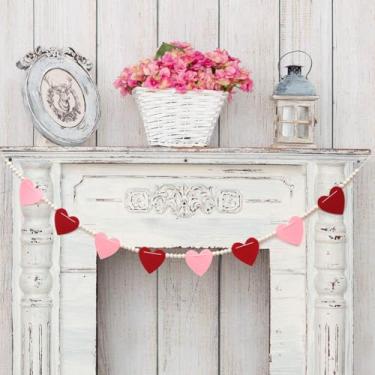 Imagem de Holiwoer Decorações Para O Dia Dos Namorados, Guirlanda De Corações De Feltro, Faixa De Decoração Para O Dia Dos Namorados, Faixa De Coração Com Contas De Madeira Para Casa, Escritório, Lareira, Par