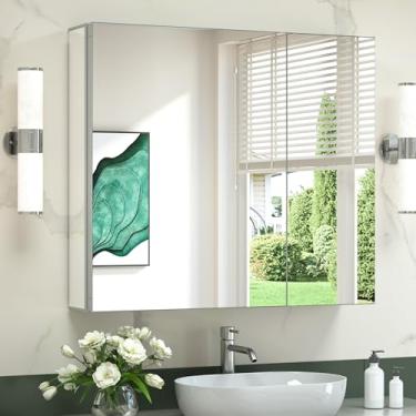 Imagem de TokeShimi Espelho De Armário De Remédios 30X26 Sem Moldura, Espelhos De Sobreposição Completa, Armário De Espelho De Banheiro De Alumínio Com Prateleiras Temperadas Ajustáveis