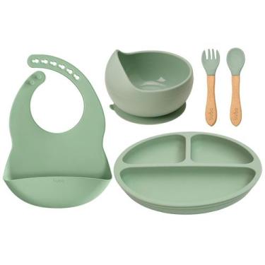 Imagem de Kit Refeição Bebê Babador + Pratinho + Bowl + Talheres Buba, Verde