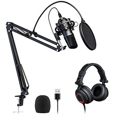 Imagem de Microfone de gravação de estúdio, condensador USB, kit profissional de microfone com suporte ajustável, braço de tesoura para PC/desktop/laptop/notebook para YouTube, podcast, jogos com fones de
