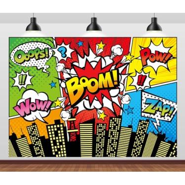 Imagem de CORFOTO Pano de fundo de cidade com desenho animado de 2,4 x 1,8 m, prédios urbanos, quadrinhos, super cidade, fundo para aniversário com tema de super-herói, crianças, meninos, retratos de heróis,