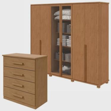 Imagem de Conjunto de Guarda-Roupa Casal Solaris 6 Portas com Vidro e Pés 100% Mdf e Cômoda 4 Gavetas