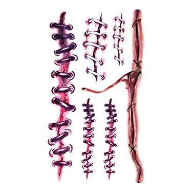 Imagem de Tatuagens de cicatrizes de zumbi, cicatriz sangrenta com sangue falso, maquiagem, decorações de Halloween, lembrancinha de festa, Vermelho, 4.13x2.36 Inch