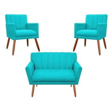 Imagem de Kit Namoradeira + 2 Poltronas Decorativa Cecília Suede Azul Turquesa P