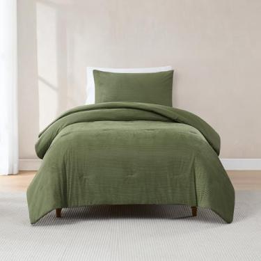 Imagem de Lush Decor Arden Conjunto de 2 peças de veludo cotelê canelado, solteiro/solteiro, GG, verde-oliva - conjunto de cama verde - edredom de veludo - roupa de cama infantil - decoração de dormitório