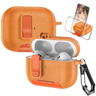 Imagem de Fofvccv Capa de couro para AirPods Pro 2ª/1ª trava com mosquetão, suporta carregamento sem fio com suporte, capa de proteção robusta para AirPods Pro 2, PWJ Laranja