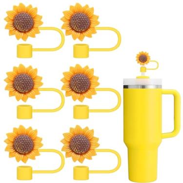 Imagem de 6 peças de tampa de palha de girassol compatível com copo Stanley de 850.5-1,134.0 g copo com alça, topo de palha de flor reutilizável, capa de silicone de 10 mm 1 cm para acessórios de copo Stanley
