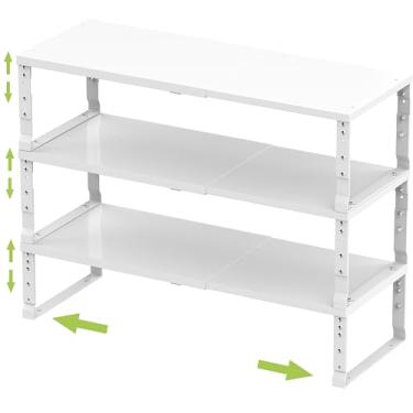 Imagem de Jojocross Organizador de temperos expansível empilhável para armário de cozinha, prateleira de balcão ajustável, bancada, despensa, armário, banheiro, quarto (3 pacotes/branco/médio)