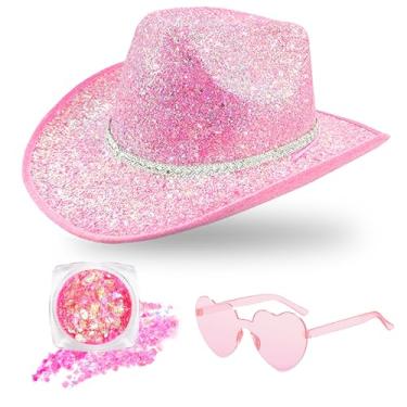 Imagem de DAJOOEE Chapéu de vaqueira com óculos de sol de coração, com lantejoulas, glitter, chapéu de cowboy para mulheres, cosplay, despedida de solteiro, rosa, tamanho �nico