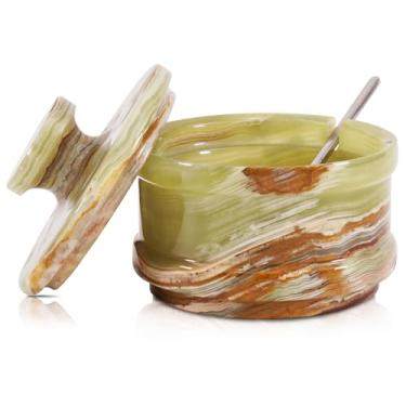 Imagem de Radicaln Saleiro de mármore com tampa, caixa de sal verde de 9 cm, recipiente de tempero e potes de especiarias para decoração de cozinha, suporte de sal de pedra para balcão, pote de especiarias