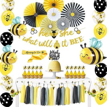 Imagem de Artigos de festa NAIWOXI What Will It Bee Gender Reveal – Decorações para chá de bebê infantil, faixa para ele ou ela, toalha de mesa tema de abelha, faixa de mãe a abelha, fãs de papel, topo de bolo, balões, para decorações de festa de revelação de bebê