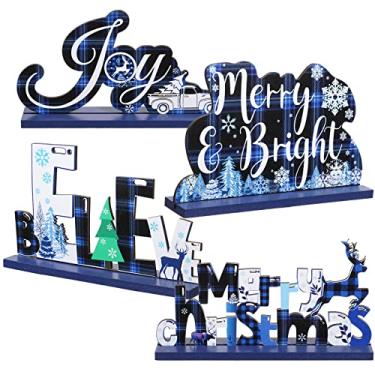 Imagem de Decoração de mesa de Natal 4 peças de centro de mesa placa JOY de madeira, decoração de mesa para o inverno, neve, feliz feriado, azul, búfalo, xadrez, bandeja de jantar, café