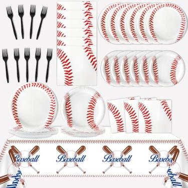 Imagem de 24 convidados beisebol suprimentos de festa de aniversário pratos guardanapos toalhas de mesa decorações de festa de beisebol tema esportivo papel descartável conjunto de talheres decoração favores